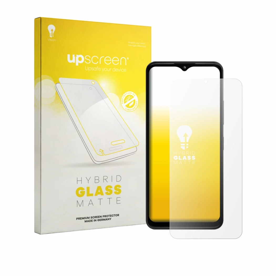 Parte frontal de un envase de producto con el logotipo de la marca upscreen. Al lado se muestra el dispositivo HMD Arc con su 