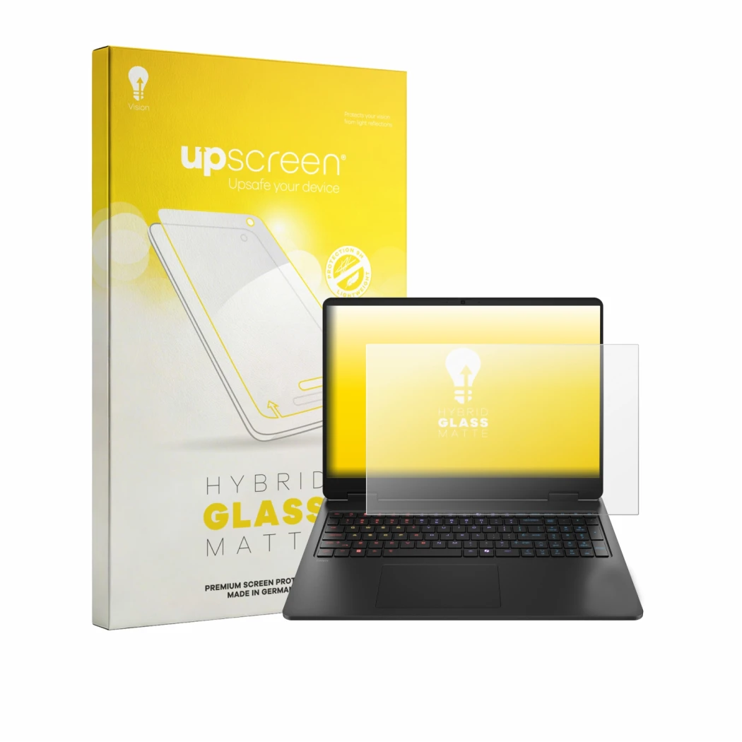 Parte frontal de un envase de producto con el logotipo de la marca upscreen. Al lado se muestra el dispositivo HP HyperX Omen 