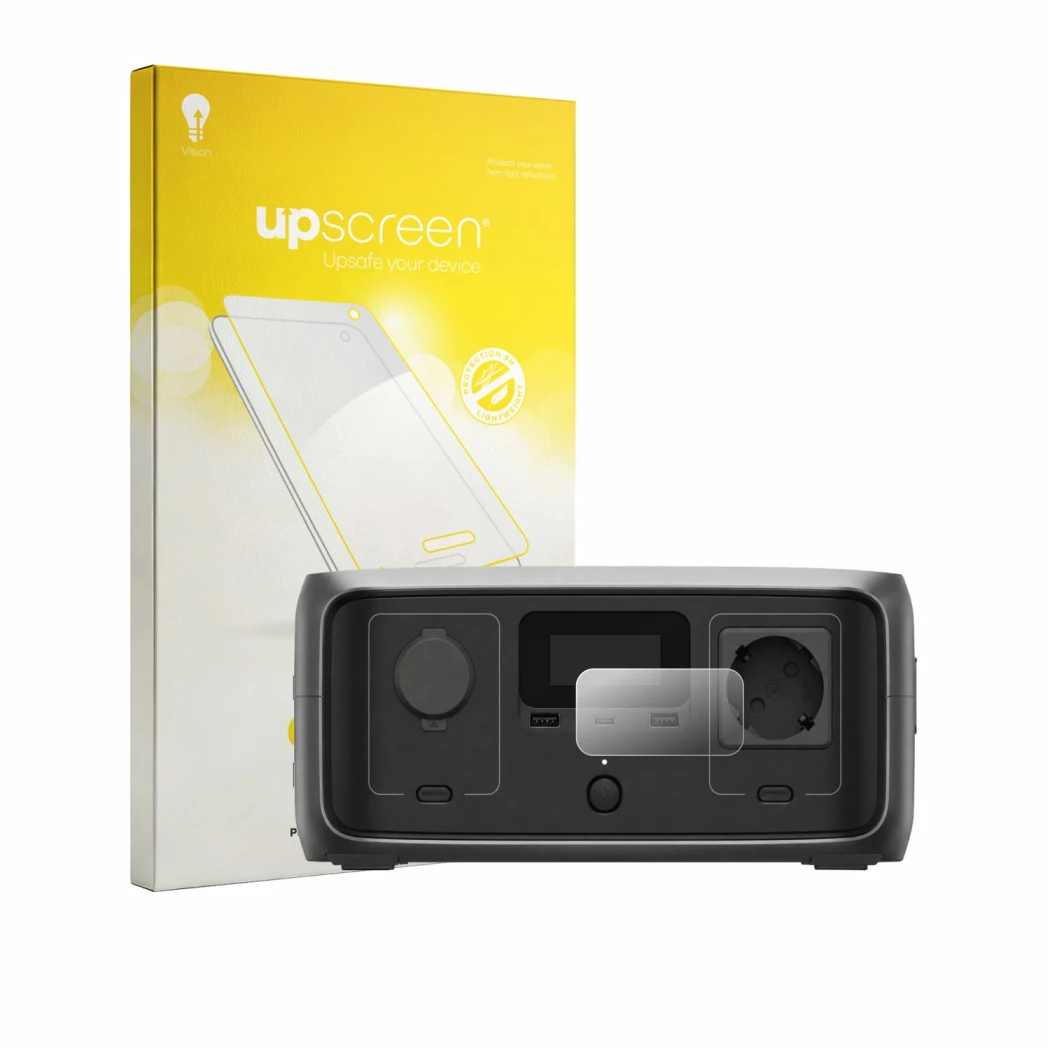 Parte frontal de un envase de producto con el logotipo de la marca upscreen. Al lado se muestra el dispositivo EcoFlow River 3