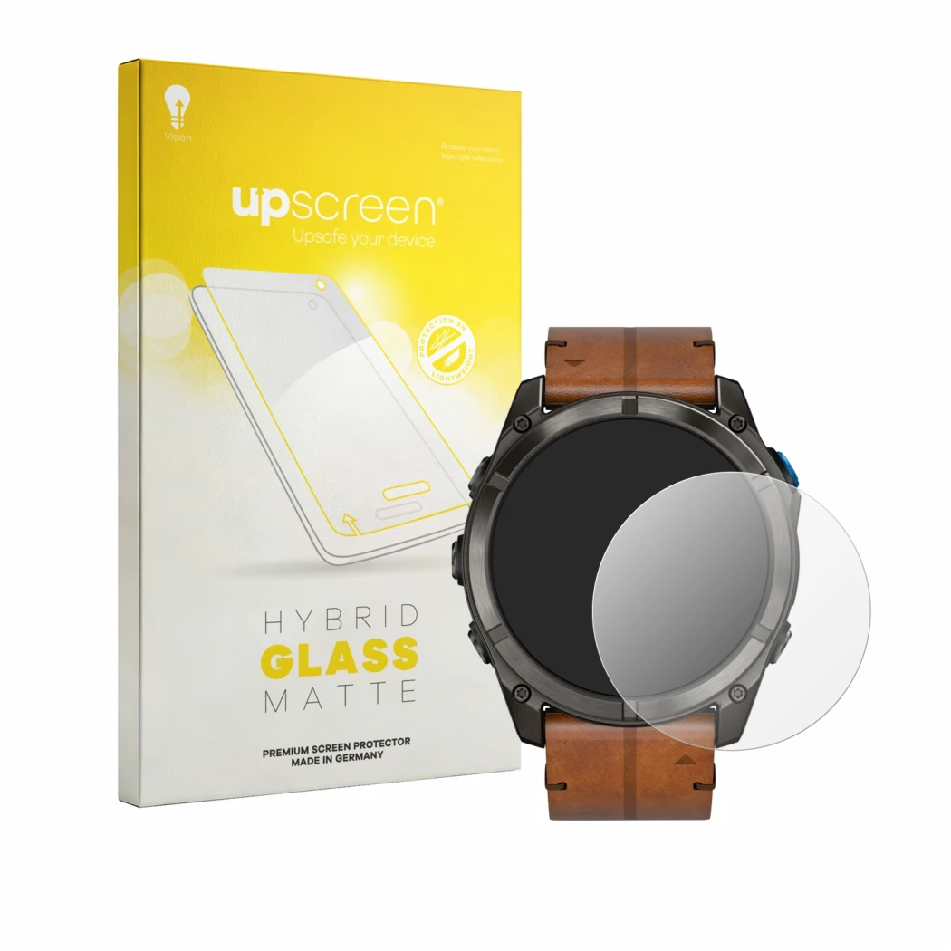 Parte frontal de un envase de producto con el logotipo de la marca upscreen. Al lado se muestra el dispositivo Garmin D2 Mach 