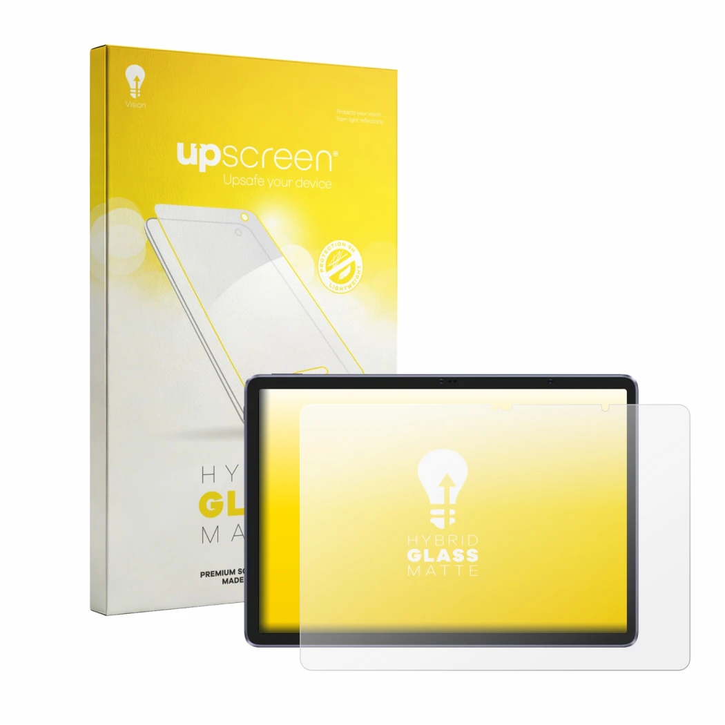 Parte frontal de un envase de producto con el logotipo de la marca upscreen. Al lado se muestra el dispositivo XP-Pen Magic Dr