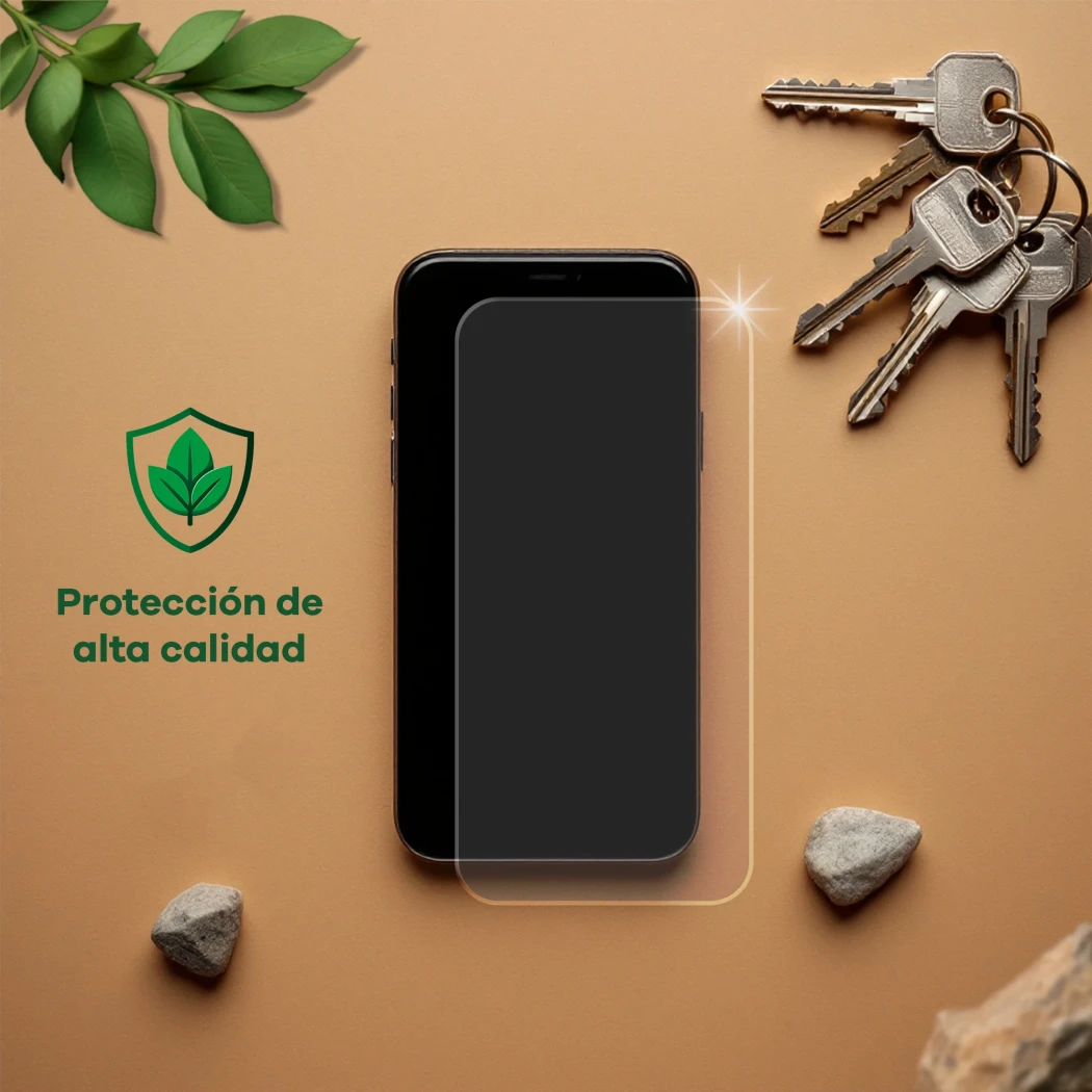 Dispositivo con protector de pantalla, junto a llaves, piedras, hojas y el texto 