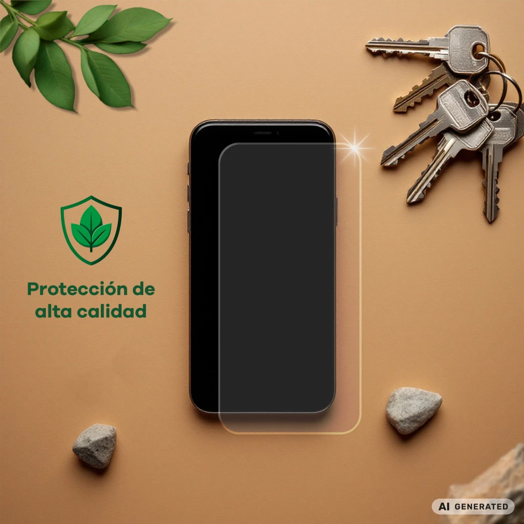 Dispositivo con protector de pantalla, junto a llaves, piedras, hojas y el texto 