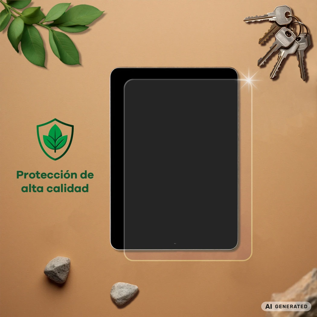 Dispositivo con protector de pantalla, junto a llaves, piedras, hojas y el texto 