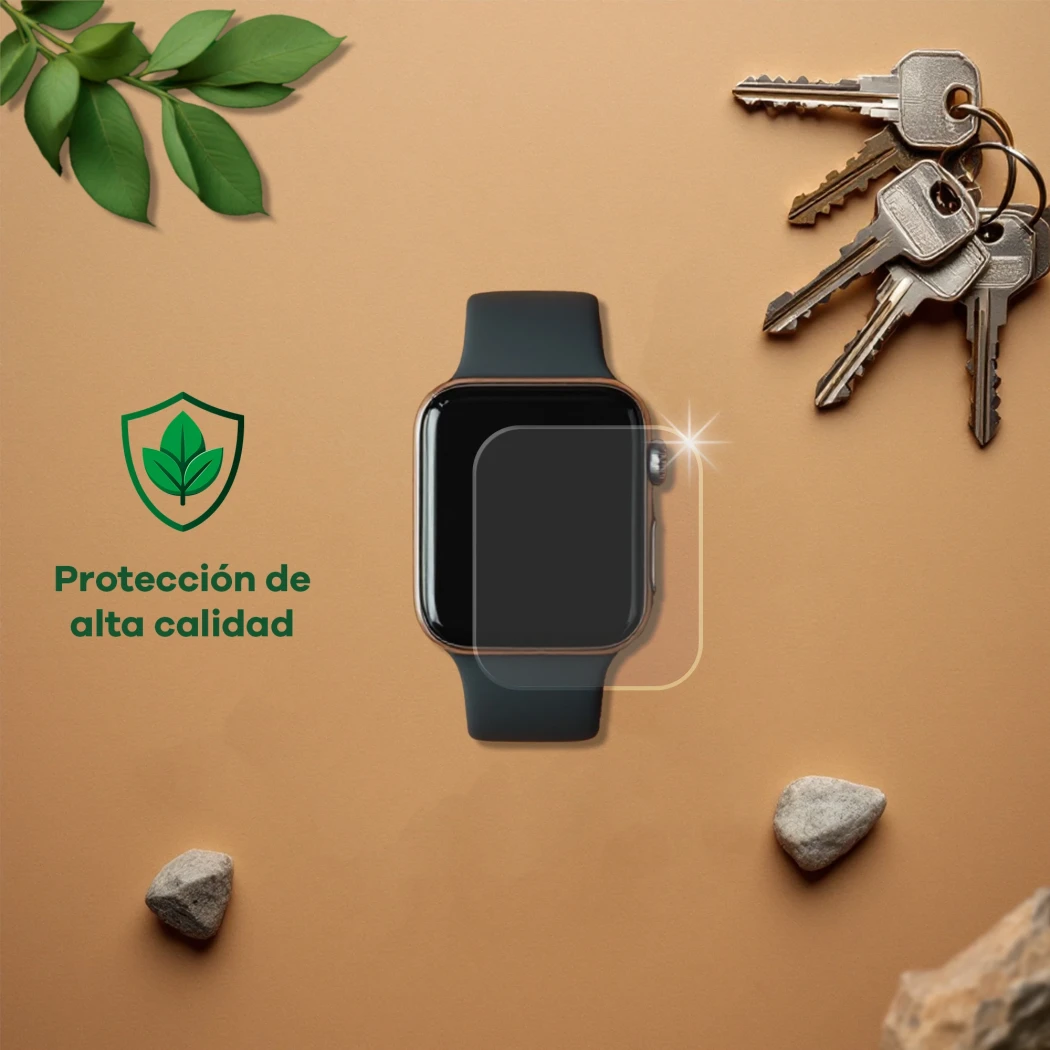 Dispositivo con protector de pantalla, junto a llaves, piedras, hojas y el texto 