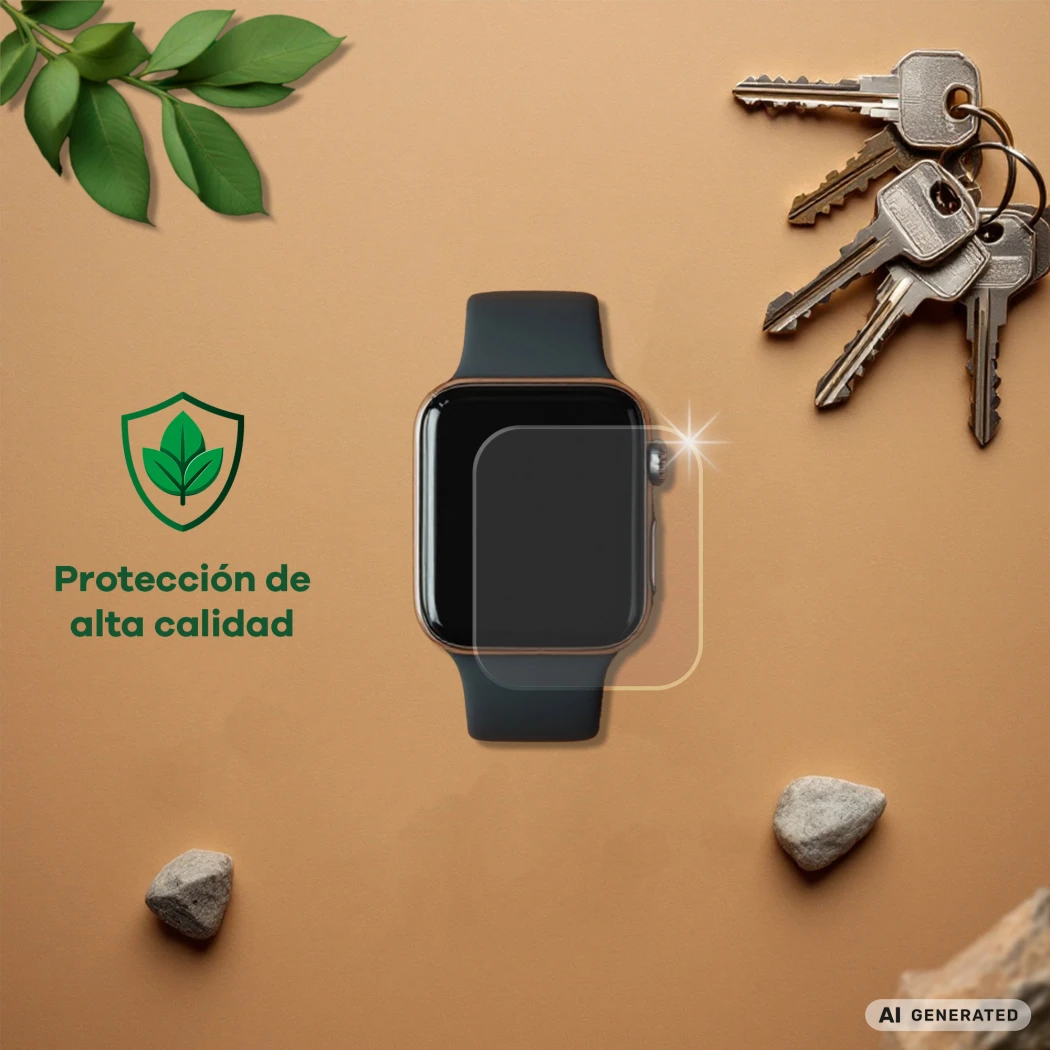 Dispositivo con protector de pantalla, junto a llaves, piedras, hojas y el texto 