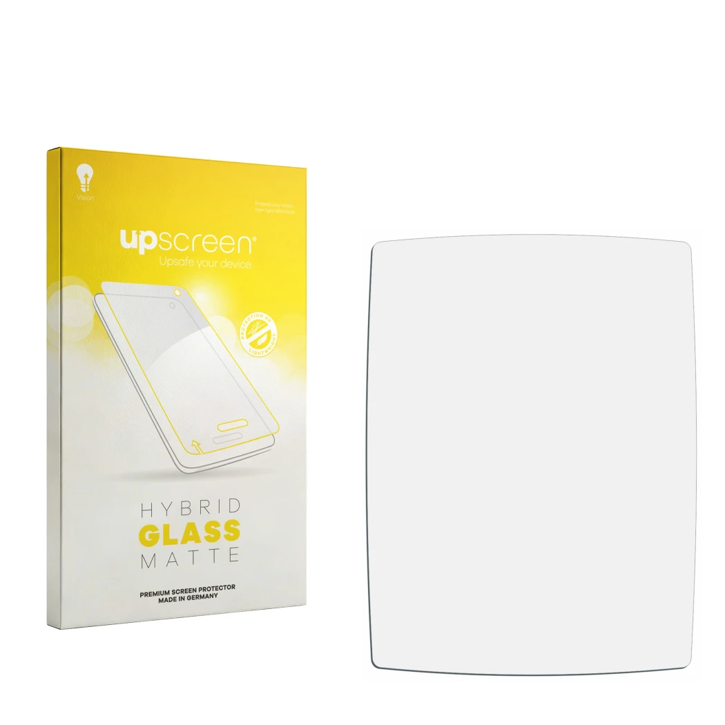 Parte frontal de un envase de producto con el logotipo de la marca upscreen. Al lado está el protector de pantalla correspondi