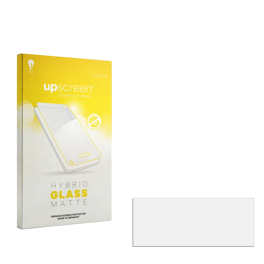 Parte frontal de un envase de producto con el logotipo de la marca upscreen. Al lado está el protector de pantalla correspondi