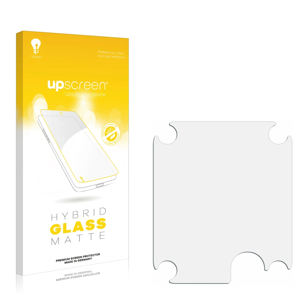 Parte frontal de un envase de producto con el logotipo de la marca upscreen. Al lado está el protector de pantalla correspondi