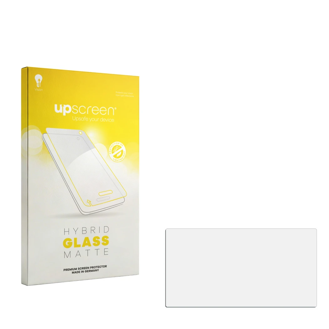 Parte frontal de un envase de producto con el logotipo de la marca upscreen. Al lado está el protector de pantalla correspondi