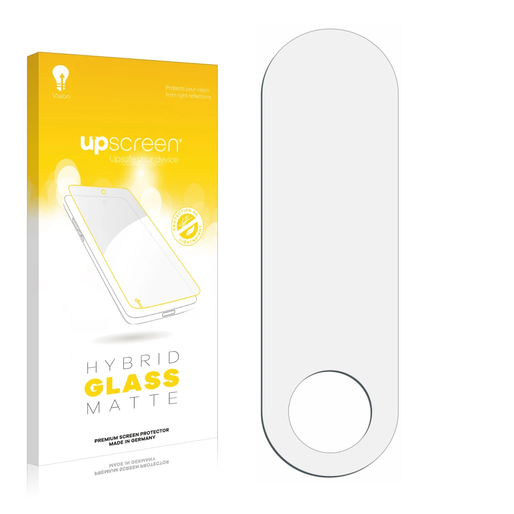 Parte frontal de un envase de producto con el logotipo de la marca upscreen. Al lado está el protector de pantalla correspondi