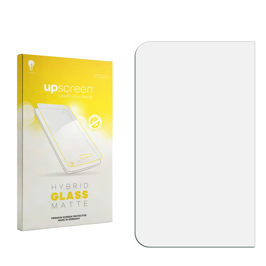 Parte frontal de un envase de producto con el logotipo de la marca upscreen. Al lado está el protector de pantalla correspondi