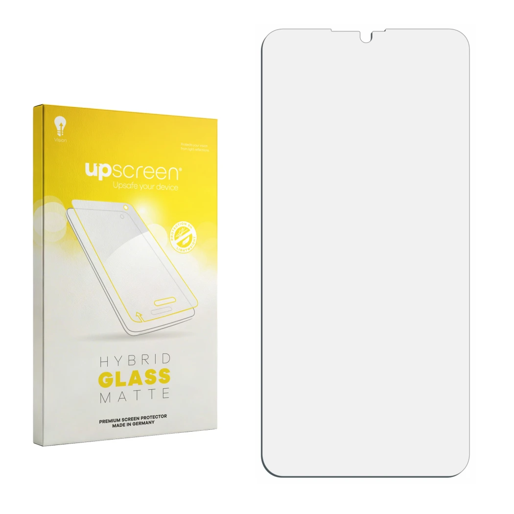 Parte frontal de un envase de producto con el logotipo de la marca upscreen. Al lado está el protector de pantalla correspondi