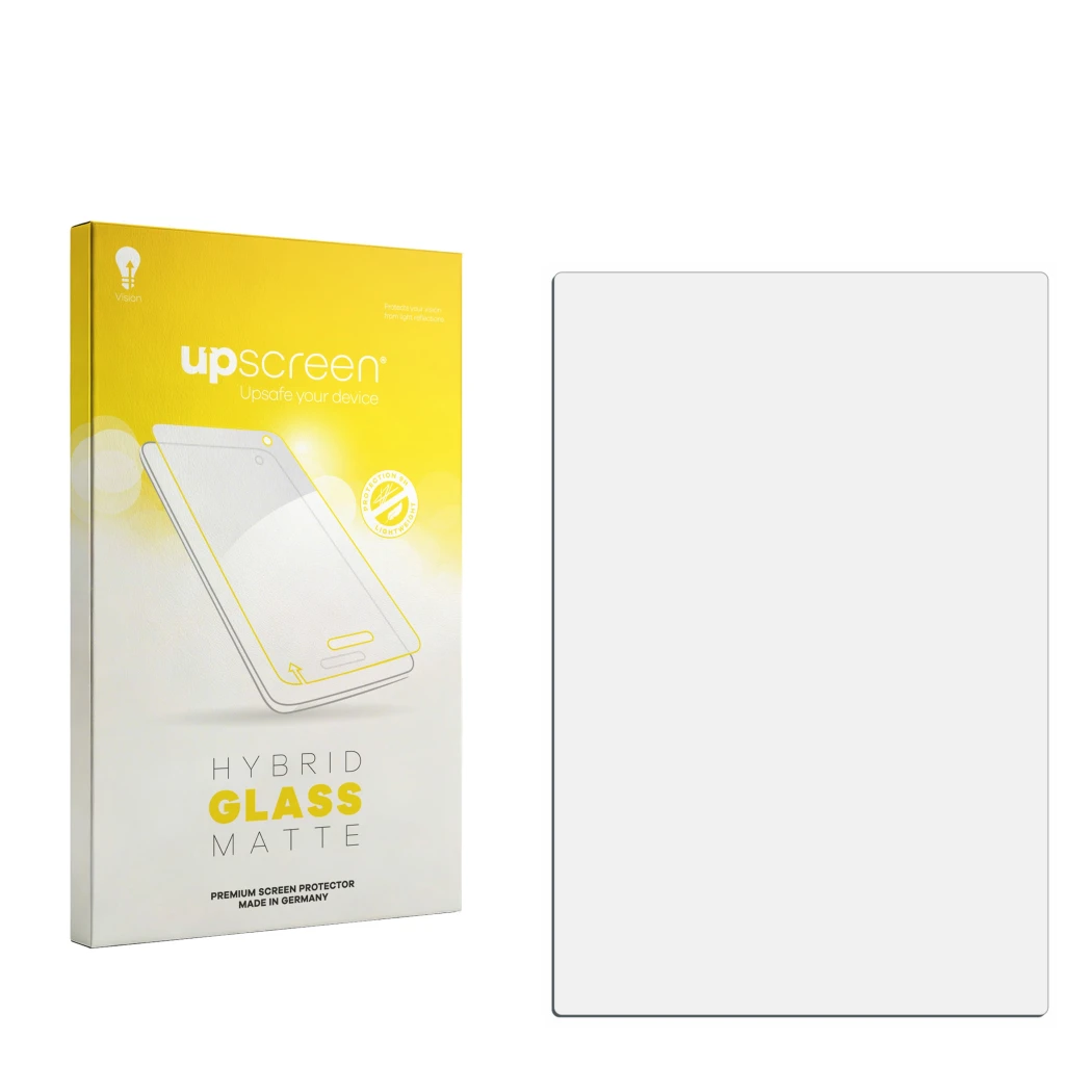 Parte frontal de un envase de producto con el logotipo de la marca upscreen. Al lado está el protector de pantalla correspondi