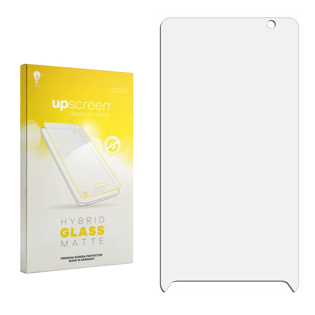Parte frontal de un envase de producto con el logotipo de la marca upscreen. Al lado está el protector de pantalla correspondi