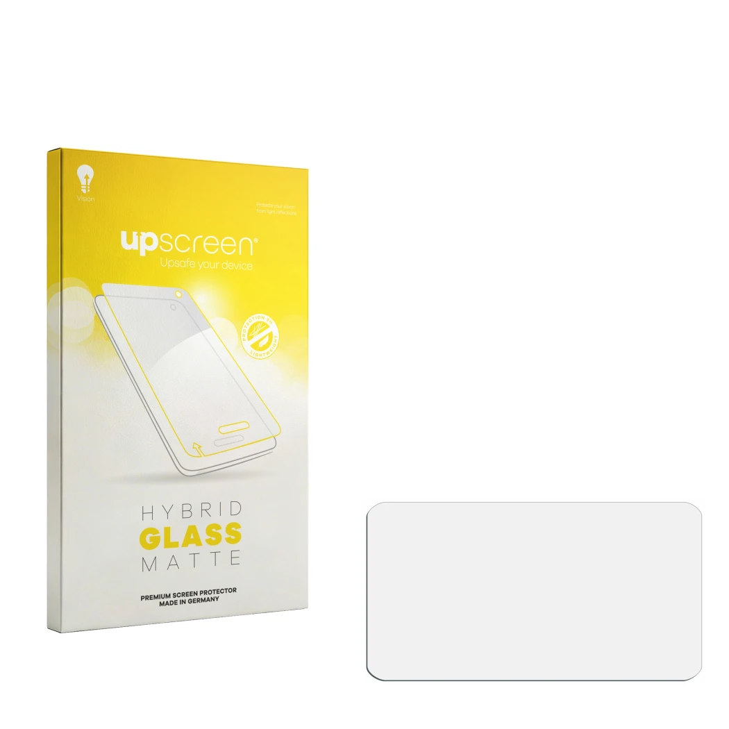 Parte frontal de un envase de producto con el logotipo de la marca upscreen. Al lado está el protector de pantalla correspondi