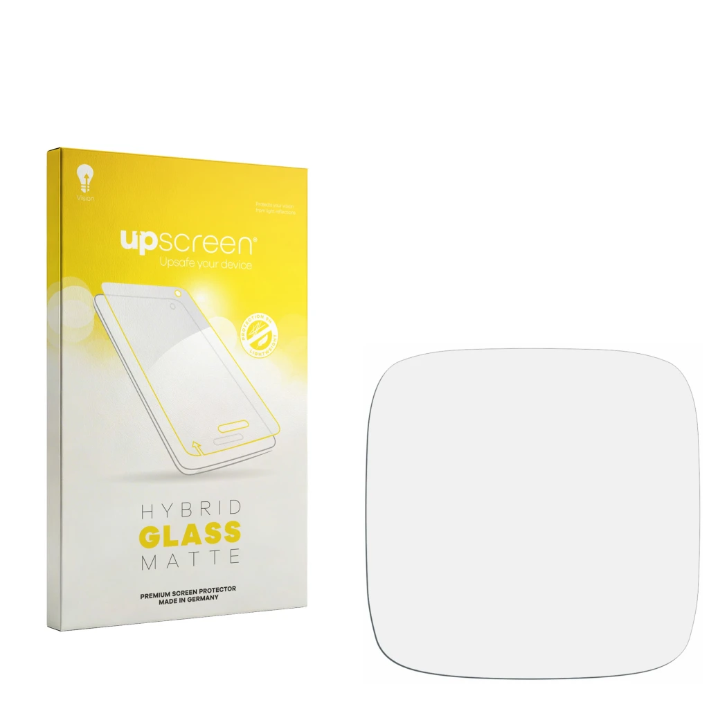 Parte frontal de un envase de producto con el logotipo de la marca upscreen. Al lado está el protector de pantalla correspondi