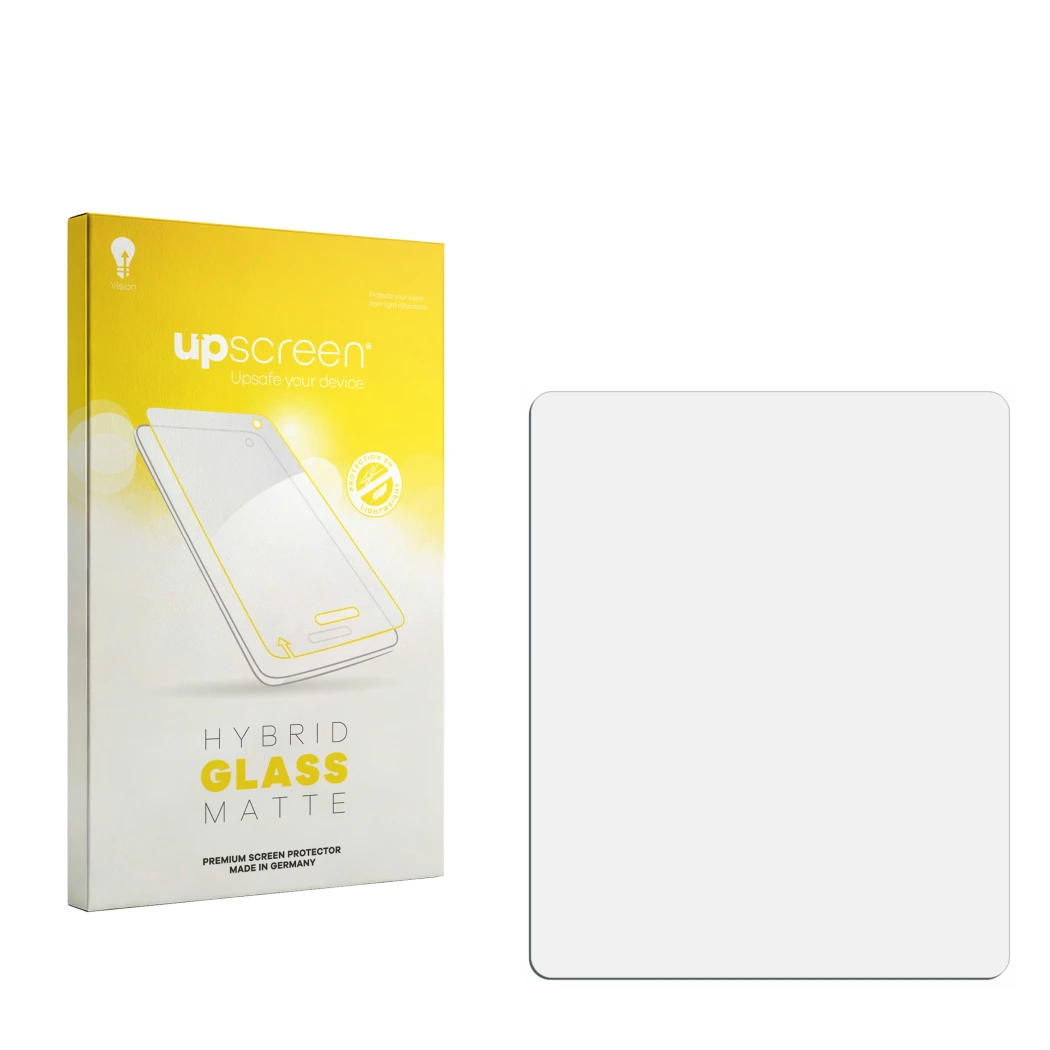 Parte frontal de un envase de producto con el logotipo de la marca upscreen. Al lado está el protector de pantalla correspondi