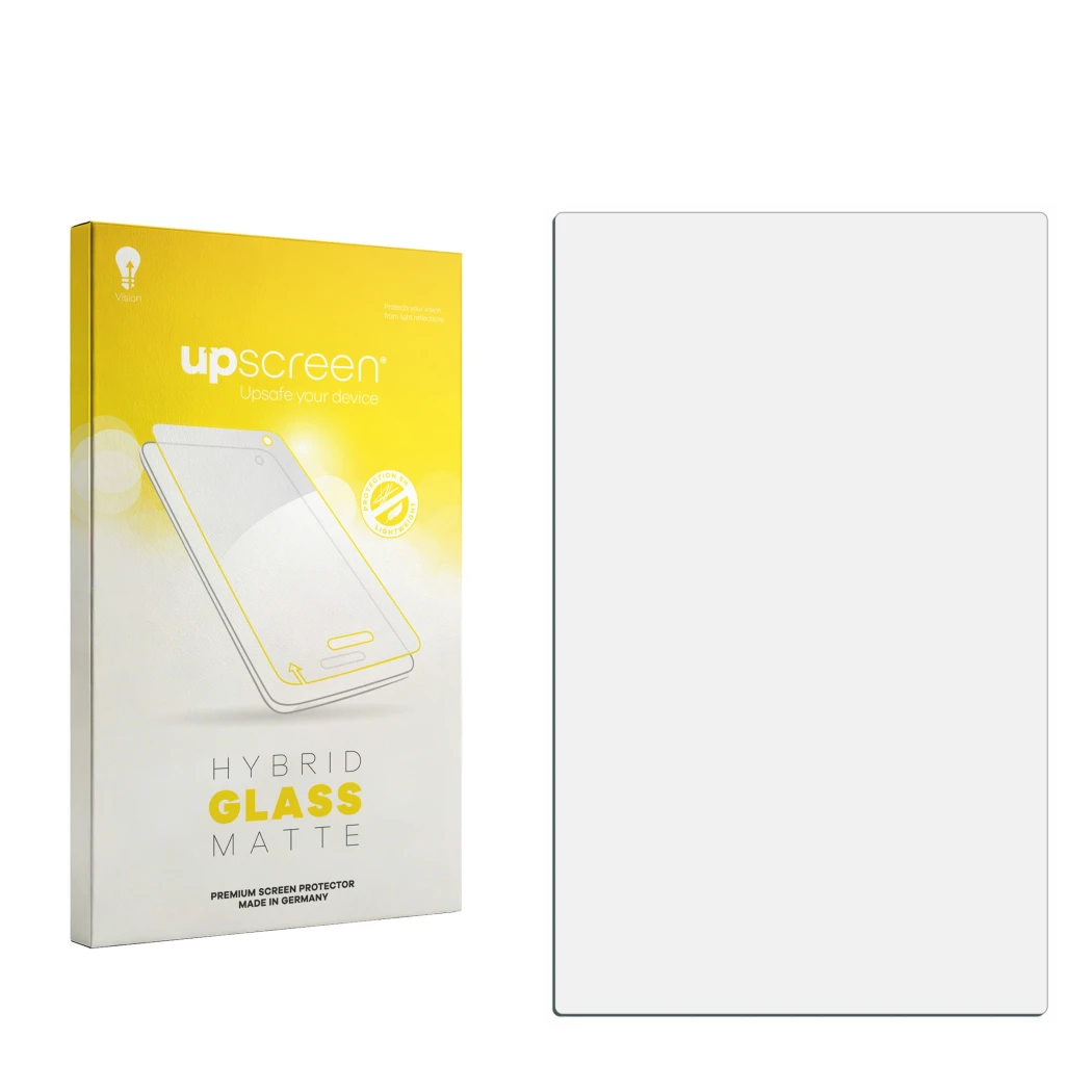 Parte frontal de un envase de producto con el logotipo de la marca upscreen. Al lado está el protector de pantalla correspondi