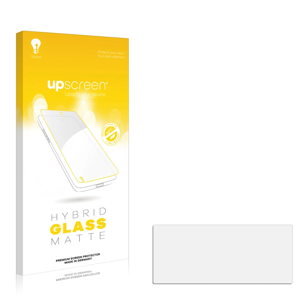 Parte frontal de un envase de producto con el logotipo de la marca upscreen. Al lado está el protector de pantalla correspondi