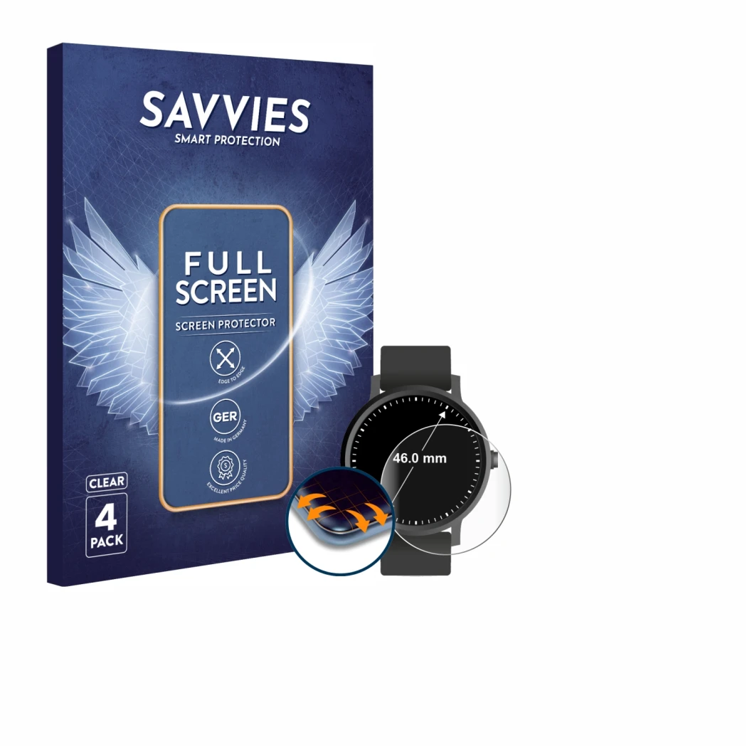 Parte frontal de un envase de producto con el logotipo de la marca Savvies. Al lado se muestra el dispositivo Relojes (Circula