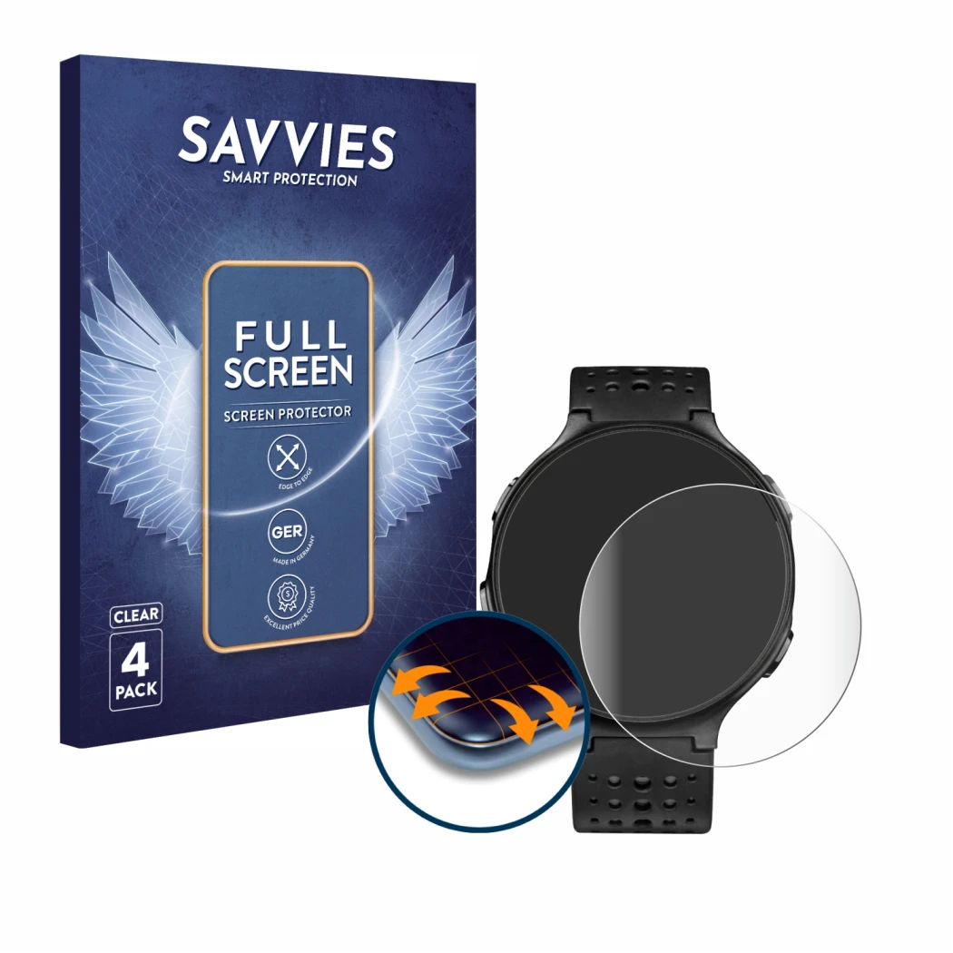 Parte frontal de un envase de producto con el logotipo de la marca Savvies. Al lado se muestra el dispositivo Garmin Forerunne