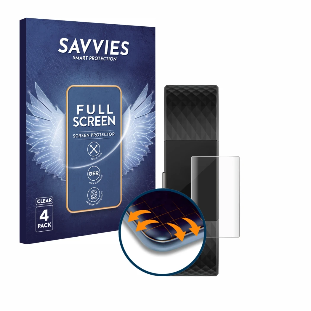 Parte frontal de un envase de producto con el logotipo de la marca Savvies. Al lado se muestra el dispositivo Fitbit Charge 2 