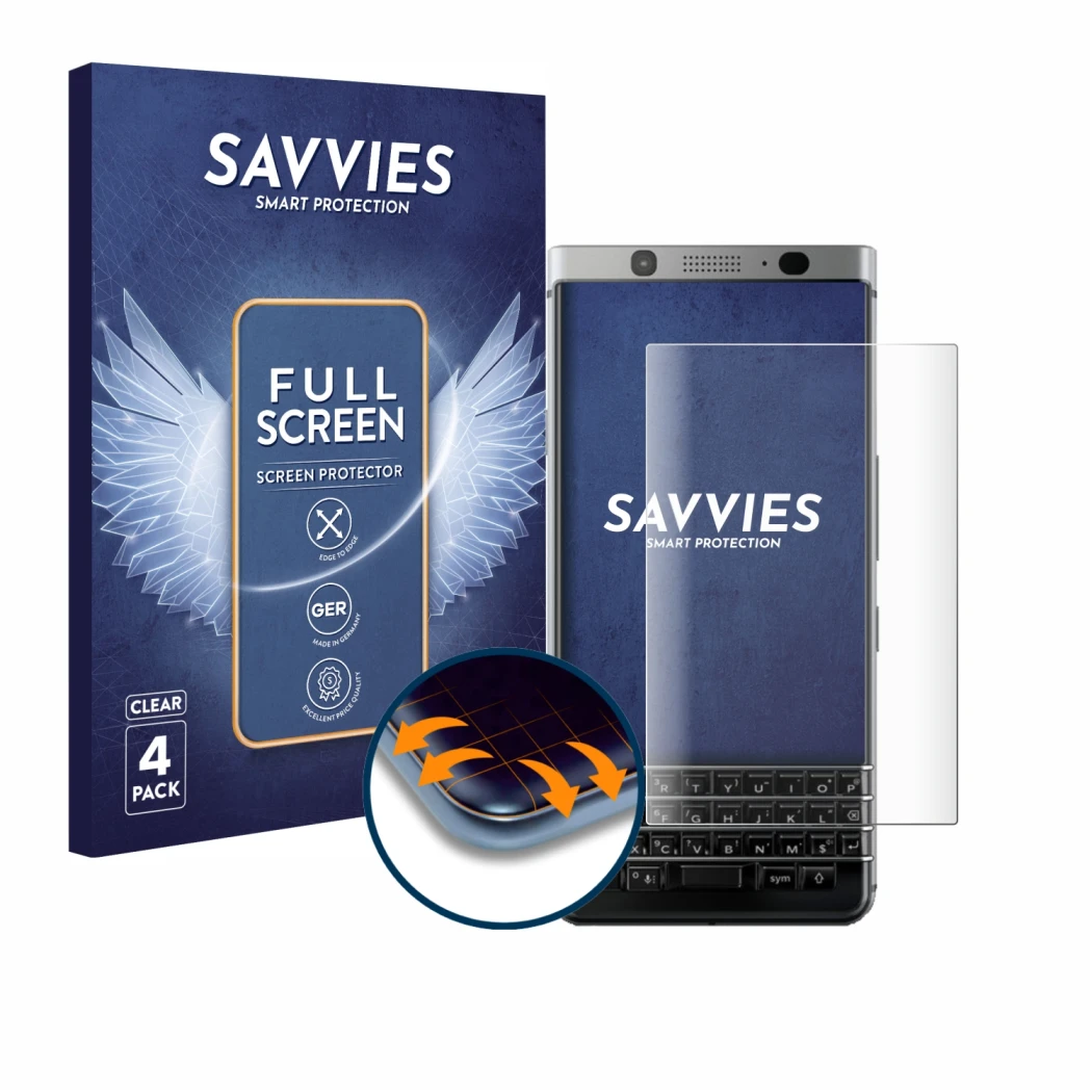 Parte frontal de un envase de producto con el logotipo de la marca Savvies. Al lado se muestra el dispositivo BlackBerry Keyon