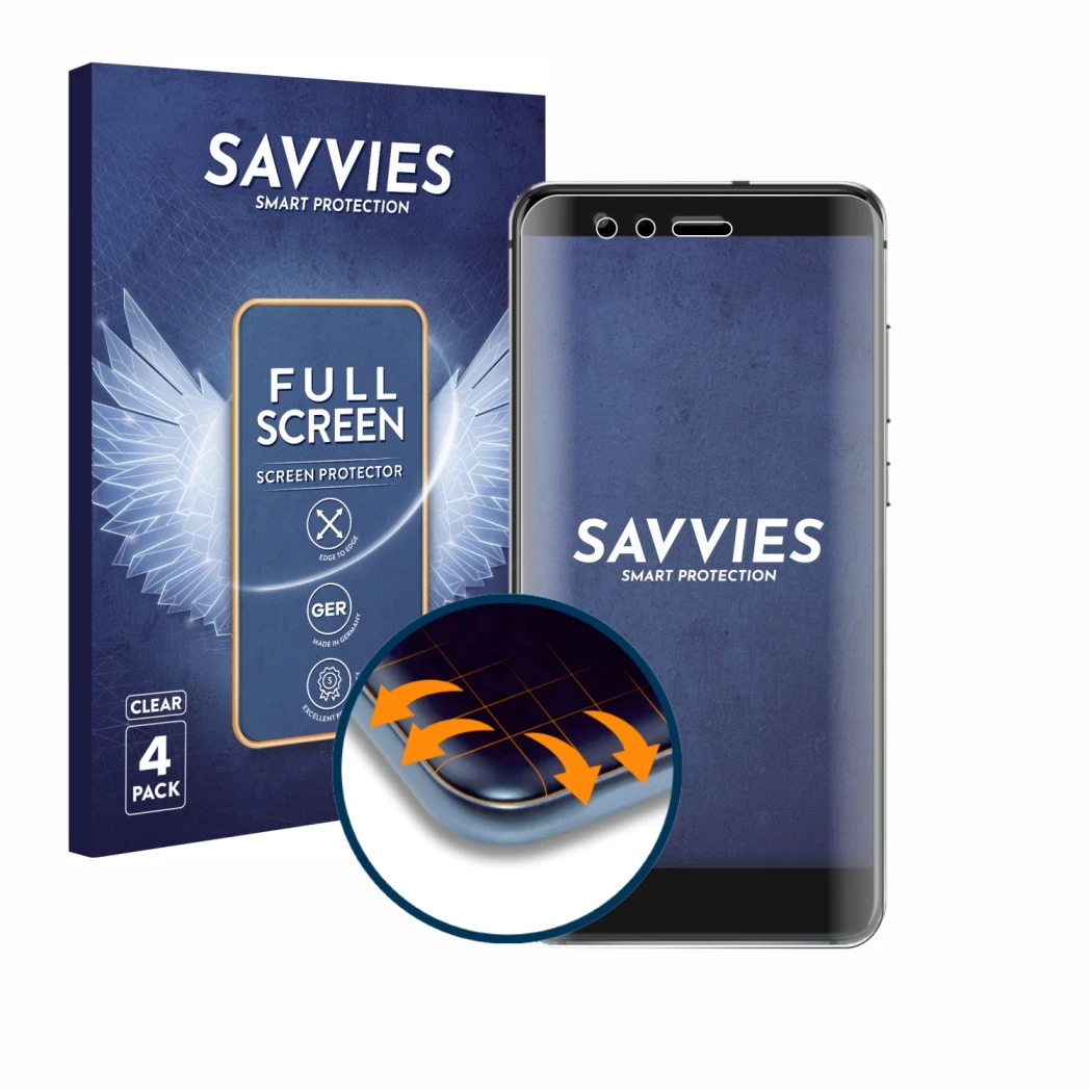 Parte frontal de un envase de producto con el logotipo de la marca Savvies. Al lado se muestra el dispositivo Huawei P10 Lite 