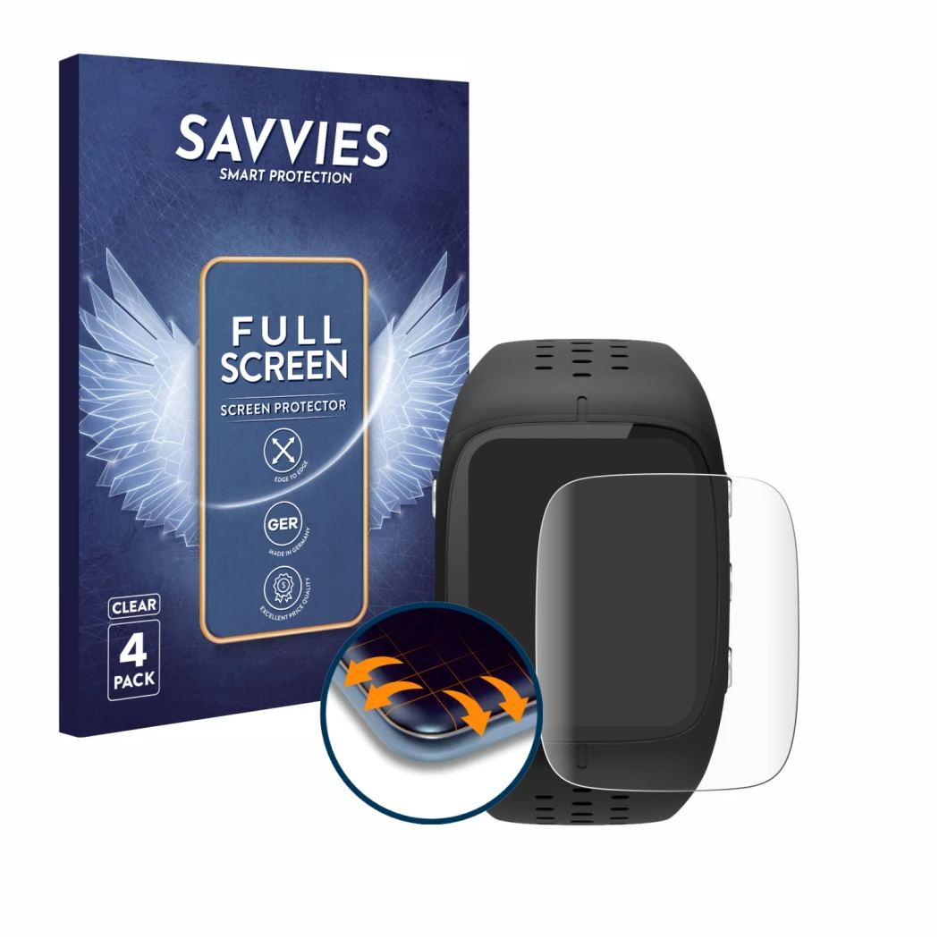 Parte frontal de un envase de producto con el logotipo de la marca Savvies. Al lado se muestra el dispositivo Polar M430 con s