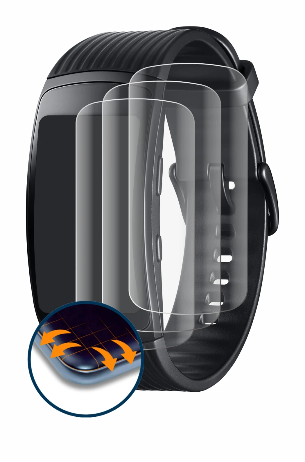 Imagen del dispositivo Samsung Gear Fit 2 Pro con una amplia variedad de protectores de pantalla.