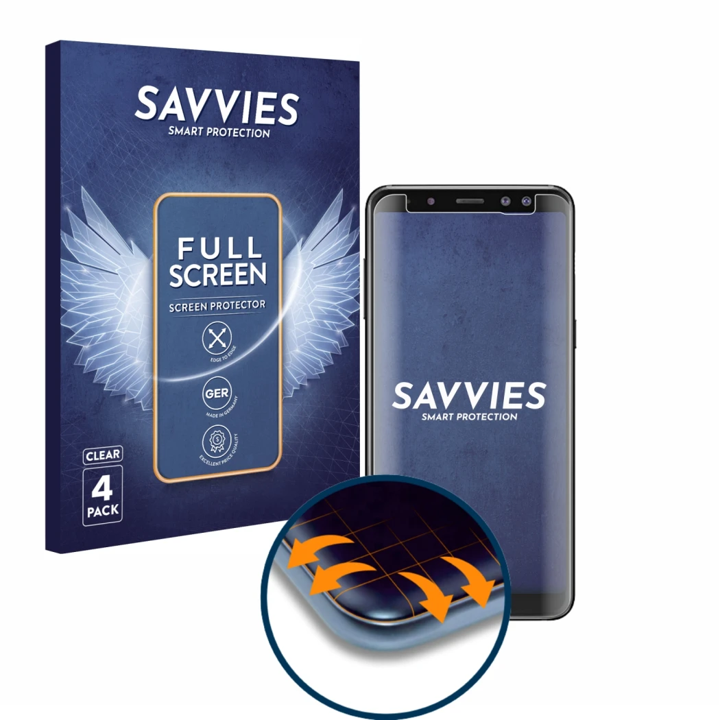 Parte frontal de un envase de producto con el logotipo de la marca Savvies. Al lado se muestra el dispositivo Samsung Galaxy A