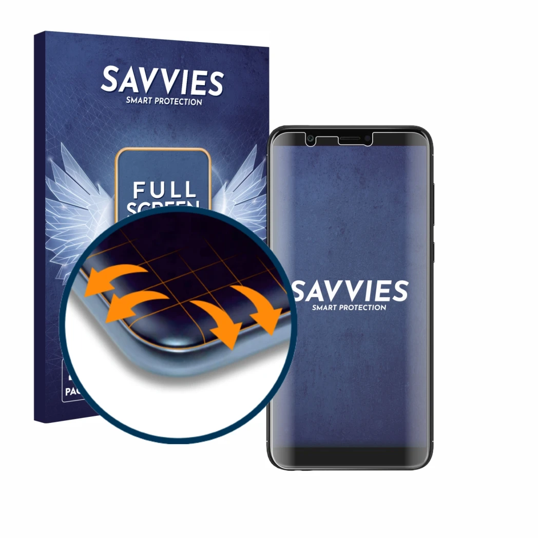 Parte frontal de un envase de producto con el logotipo de la marca Savvies. Al lado se muestra el dispositivo Huawei P smart 2