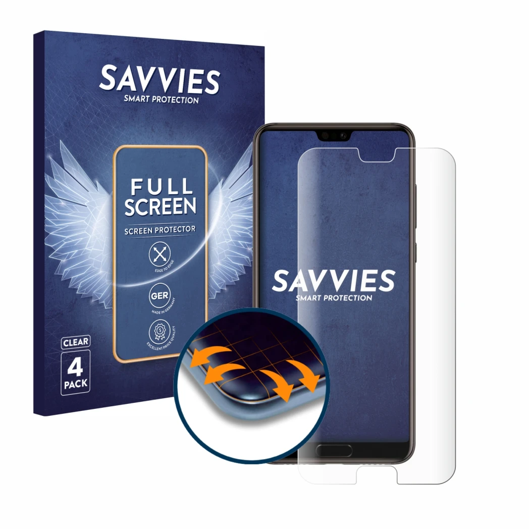 Parte frontal de un envase de producto con el logotipo de la marca Savvies. Al lado se muestra el dispositivo Huawei P20 con s
