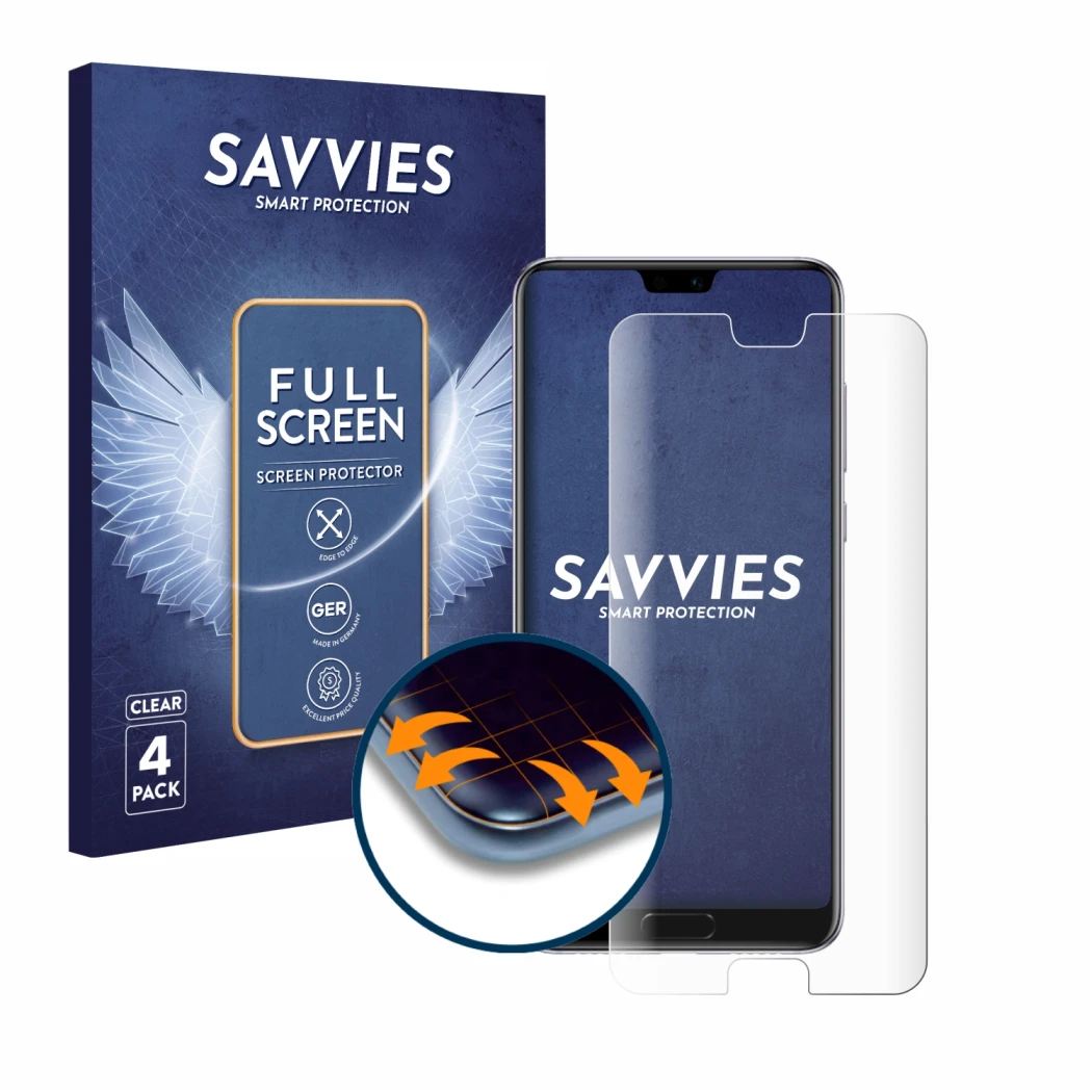 Parte frontal de un envase de producto con el logotipo de la marca Savvies. Al lado se muestra el dispositivo Huawei P20 Pro c