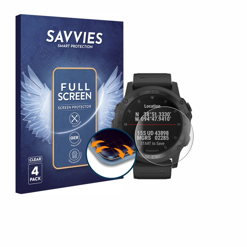 Parte frontal de un envase de producto con el logotipo de la marca Savvies. Al lado se muestra el dispositivo Garmin Tactix Ch