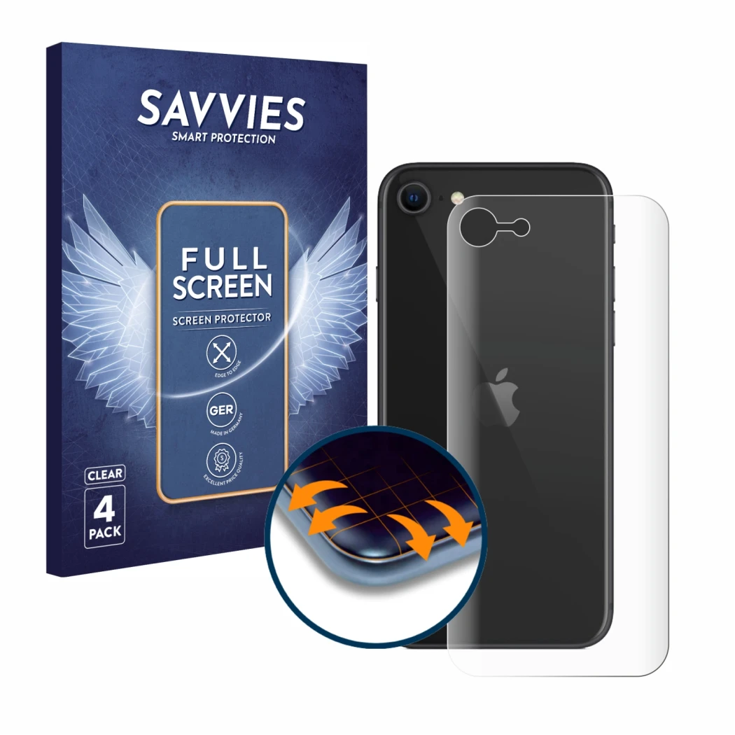 Parte frontal de un envase de producto con el logotipo de la marca Savvies. Al lado se muestra el dispositivo Apple iPhone SE 