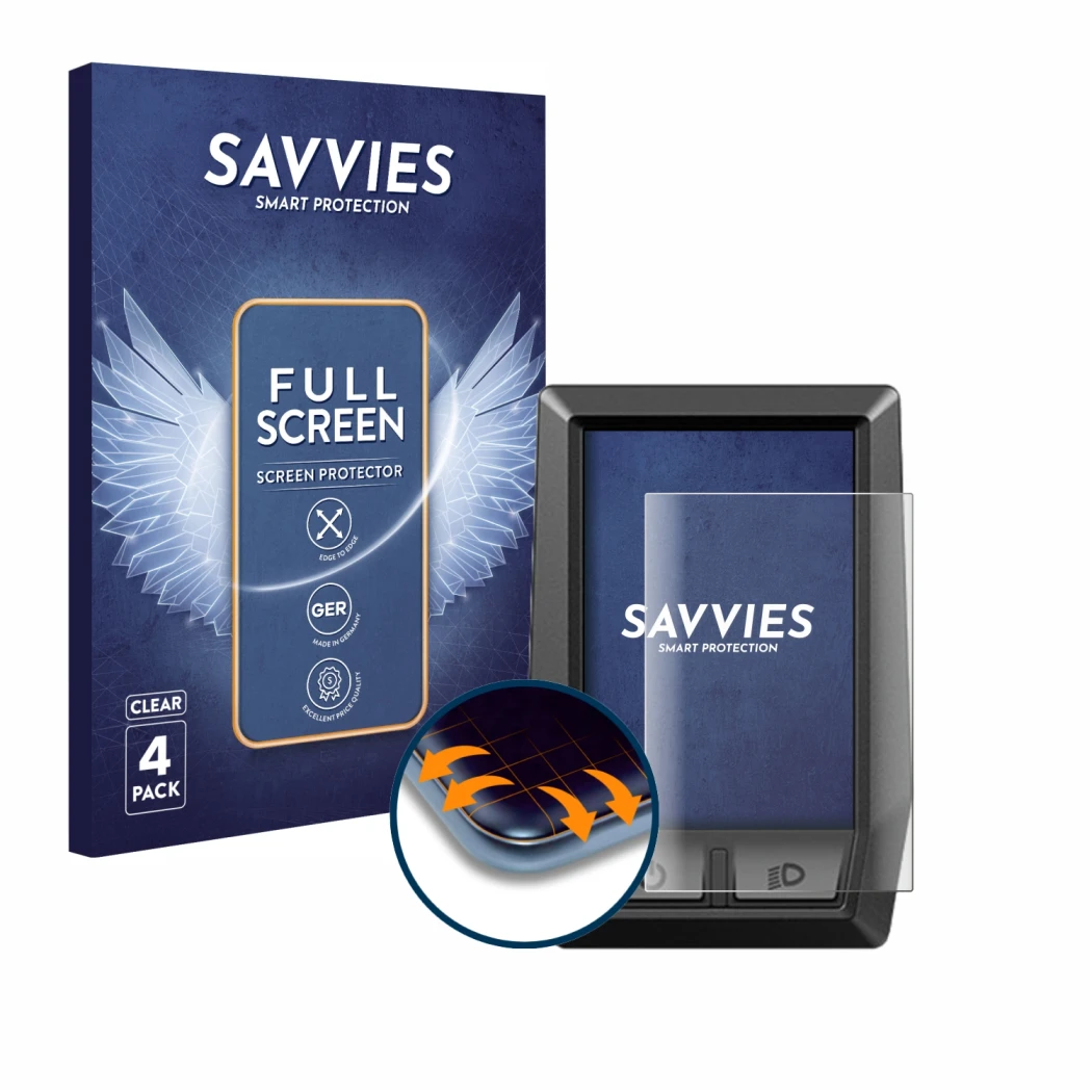 Parte frontal de un envase de producto con el logotipo de la marca Savvies. Al lado se muestra el dispositivo Bosch Kiox con s