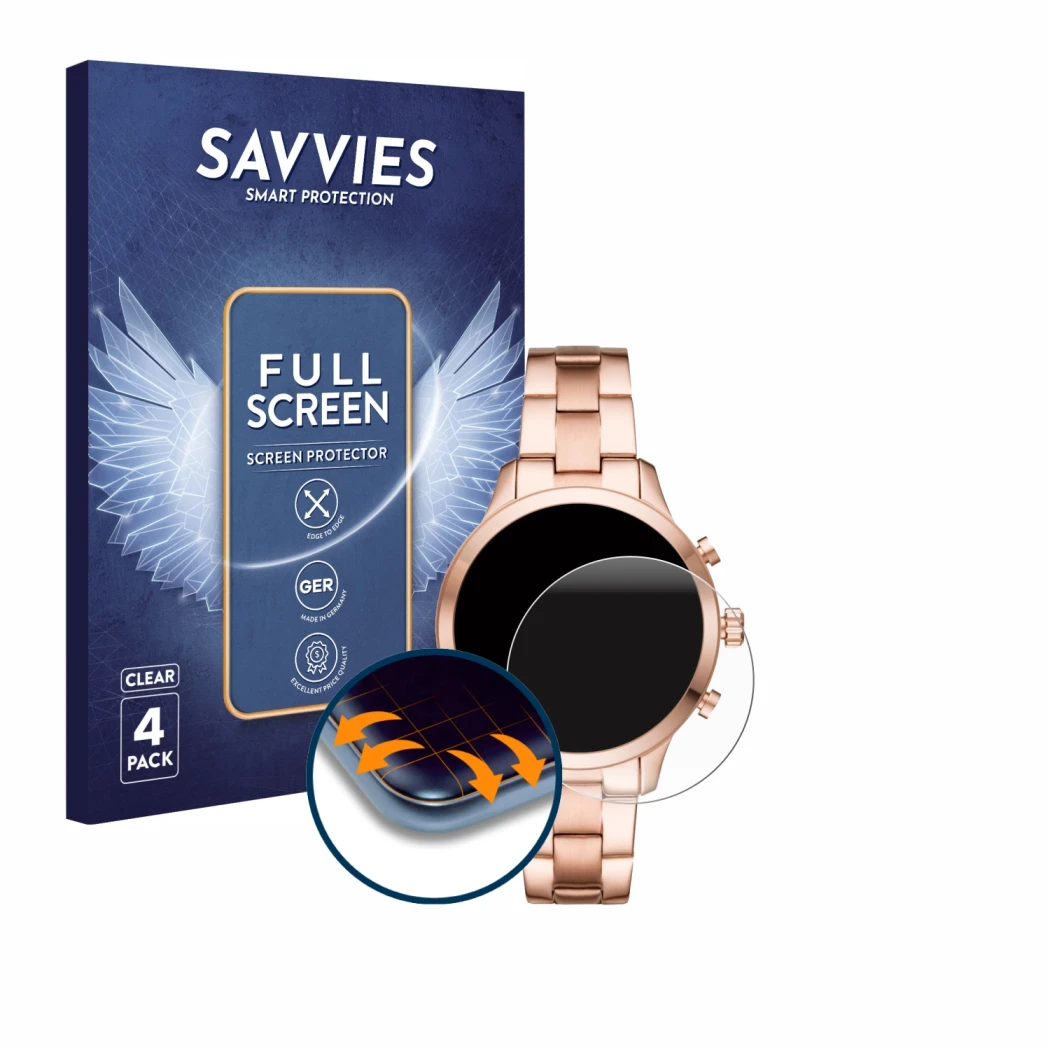 Parte frontal de un envase de producto con el logotipo de la marca Savvies. Al lado se muestra el dispositivo Michael Kors Acc