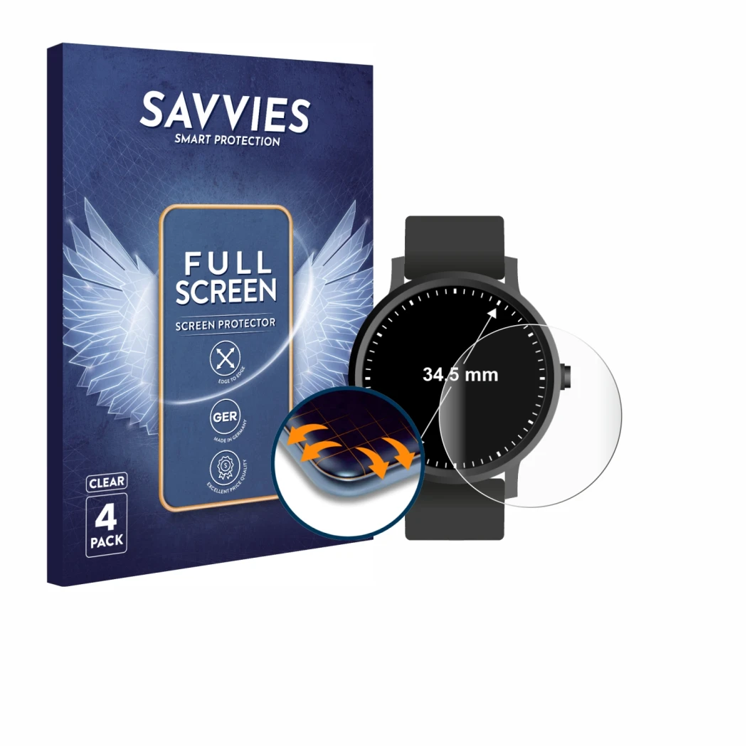 Parte frontal de un envase de producto con el logotipo de la marca Savvies. Al lado se muestra el dispositivo Relojes (Circula