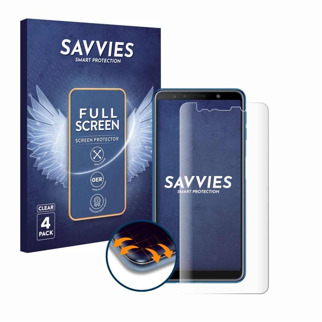Parte frontal de un envase de producto con el logotipo de la marca Savvies. Al lado se muestra el dispositivo Samsung Galaxy A