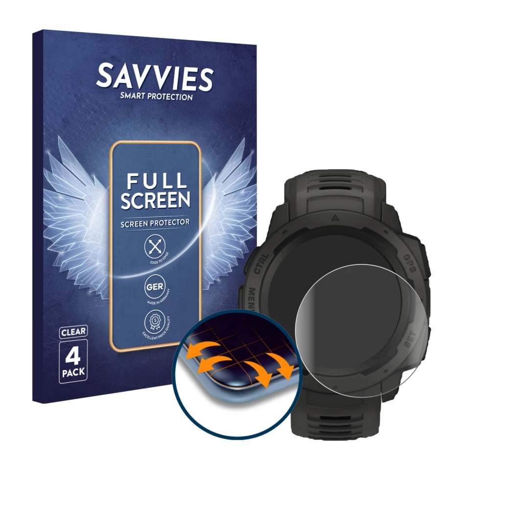 Parte frontal de un envase de producto con el logotipo de la marca Savvies. Al lado se muestra el dispositivo Garmin Instinct 