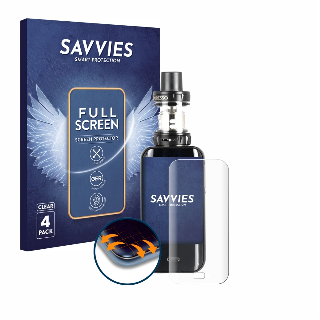 Parte frontal de un envase de producto con el logotipo de la marca Savvies. Al lado se muestra el dispositivo Vaporesso Luxe c