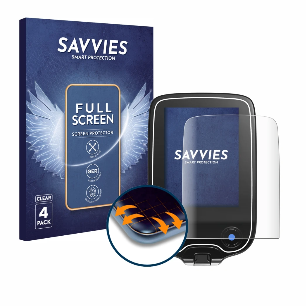 Parte frontal de un envase de producto con el logotipo de la marca Savvies. Al lado se muestra el dispositivo Freestyle Libre 