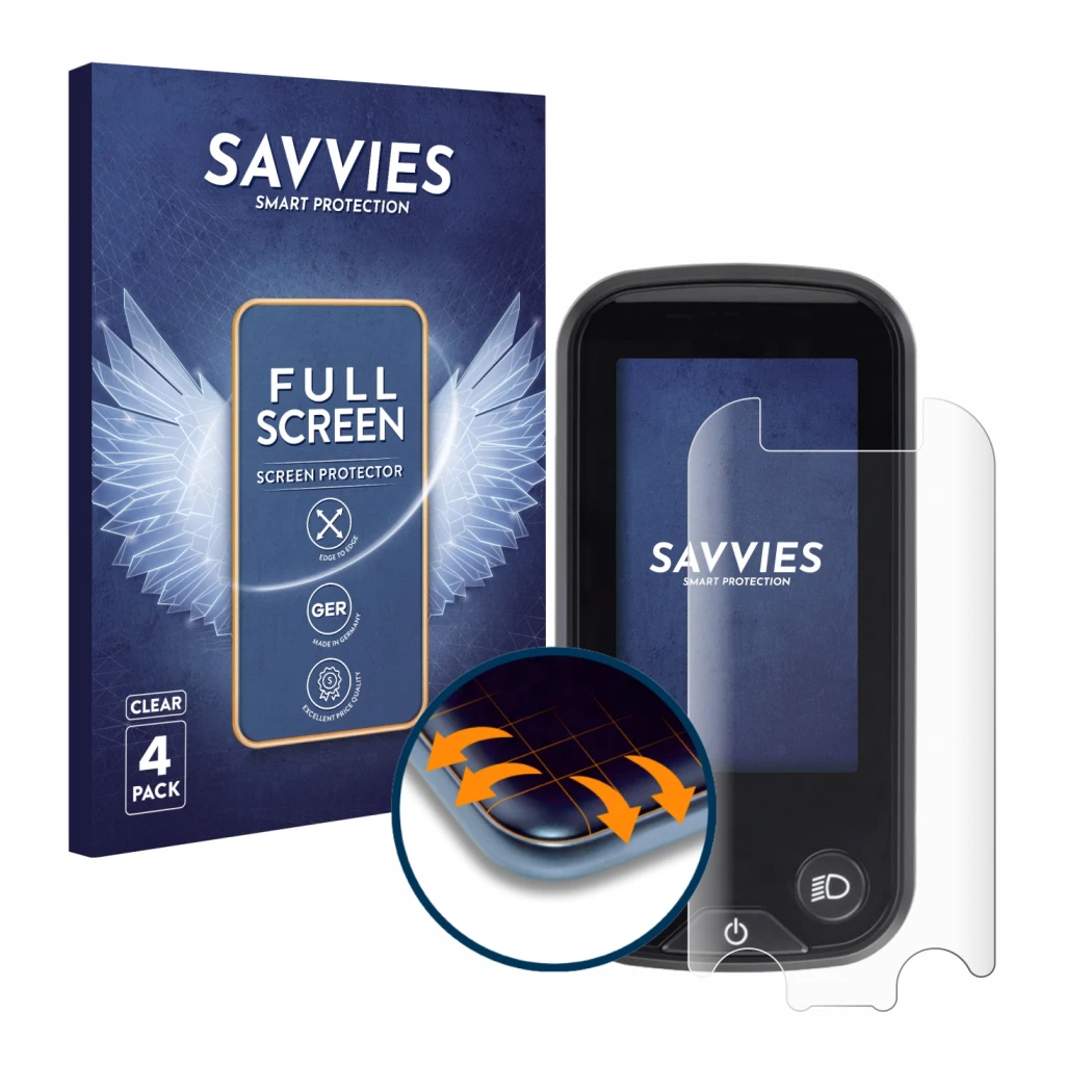 Parte frontal de un envase de producto con el logotipo de la marca Savvies. Al lado se muestra el dispositivo Shimano Steps SC