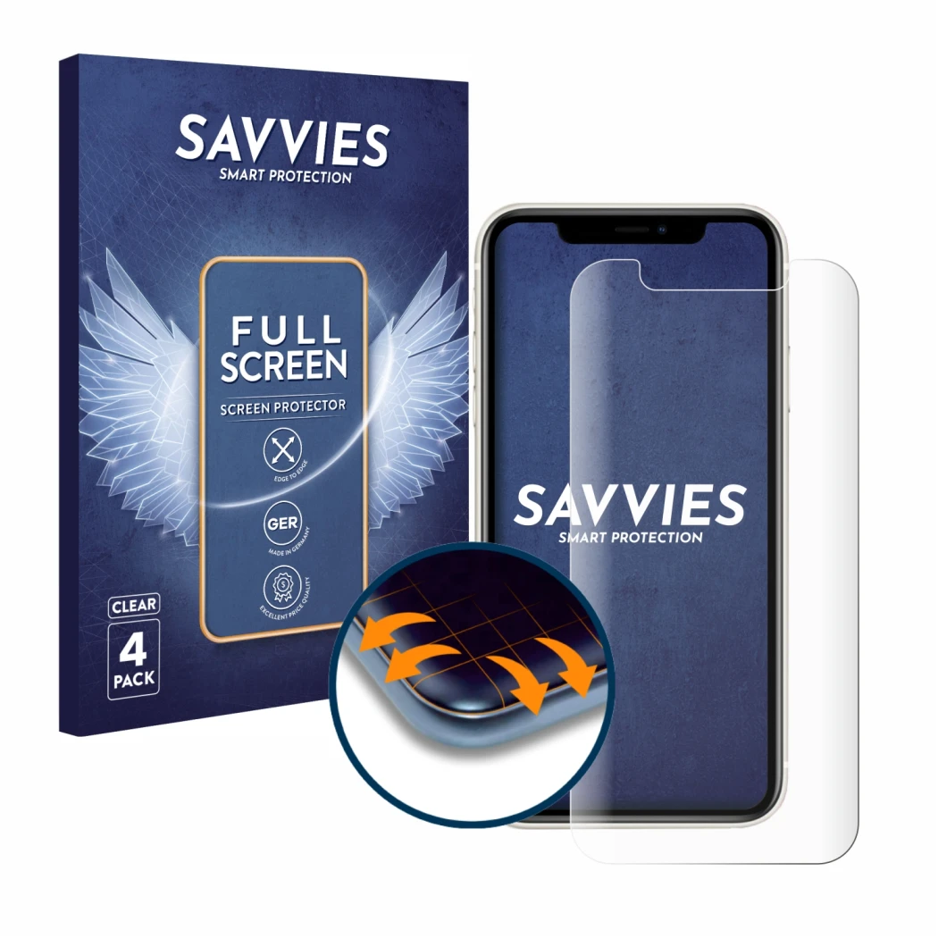 Parte frontal de un envase de producto con el logotipo de la marca Savvies. Al lado se muestra el dispositivo Apple iPhone 11 