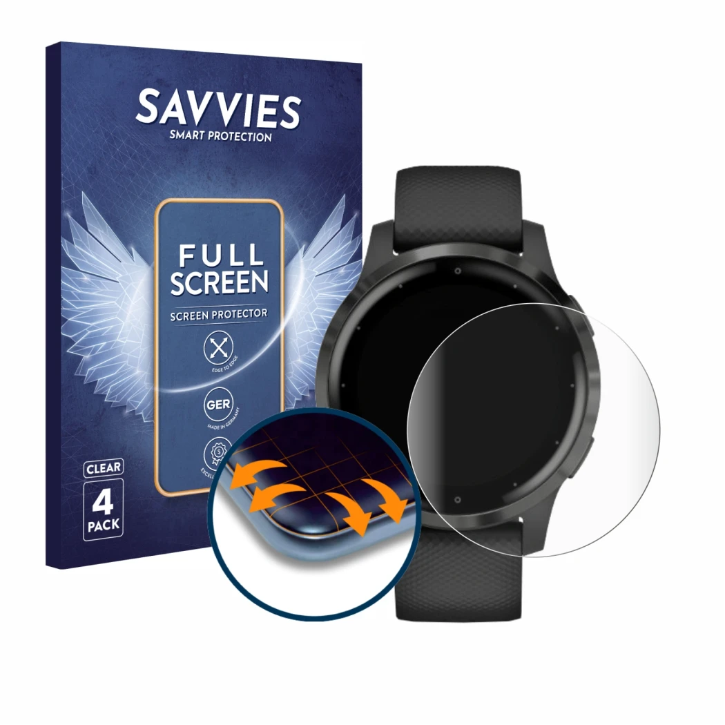 Parte frontal de un envase de producto con el logotipo de la marca Savvies. Al lado se muestra el dispositivo Garmin vivoactiv