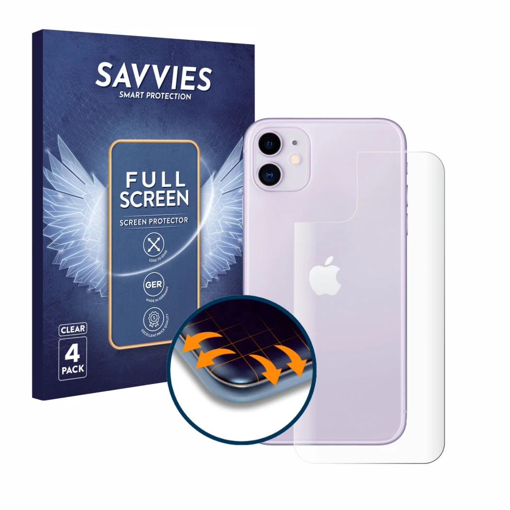 Parte frontal de un envase de producto con el logotipo de la marca Savvies. Al lado se muestra el dispositivo Apple iPhone 11 