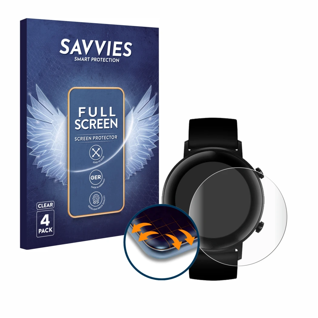 Parte frontal de un envase de producto con el logotipo de la marca Savvies. Al lado se muestra el dispositivo Huawei Watch GT 