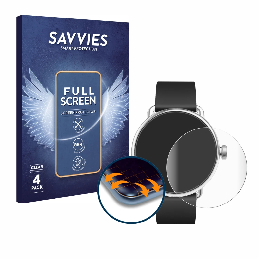 Parte frontal de un envase de producto con el logotipo de la marca Savvies. Al lado se muestra el dispositivo Withings ScanWat